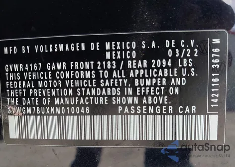 2022 Volkswagen Jetta 1.5T Sel z USA, uszkodzony, nr VIN 3VWGM7BUXNM010046